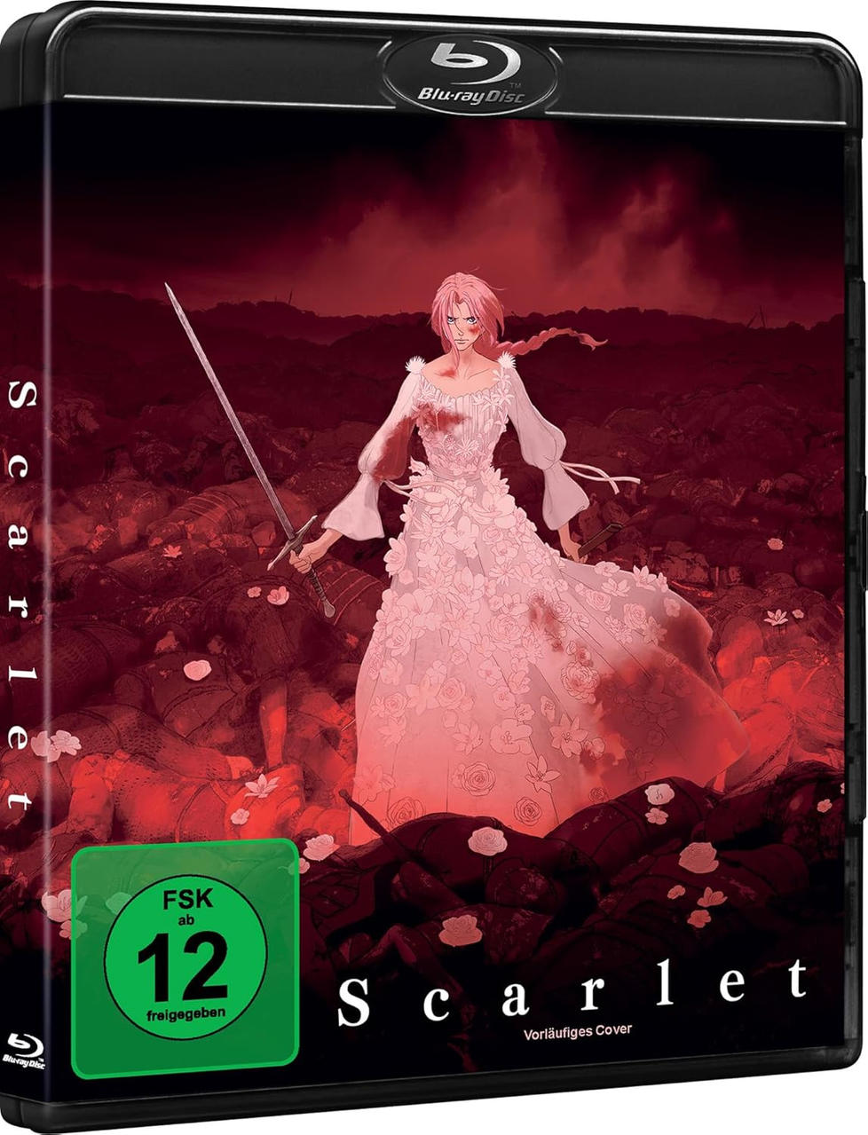 Anime-Cover: Frau in weißem Kleid mit Schwert, roter Hintergrund, FSK 12.
