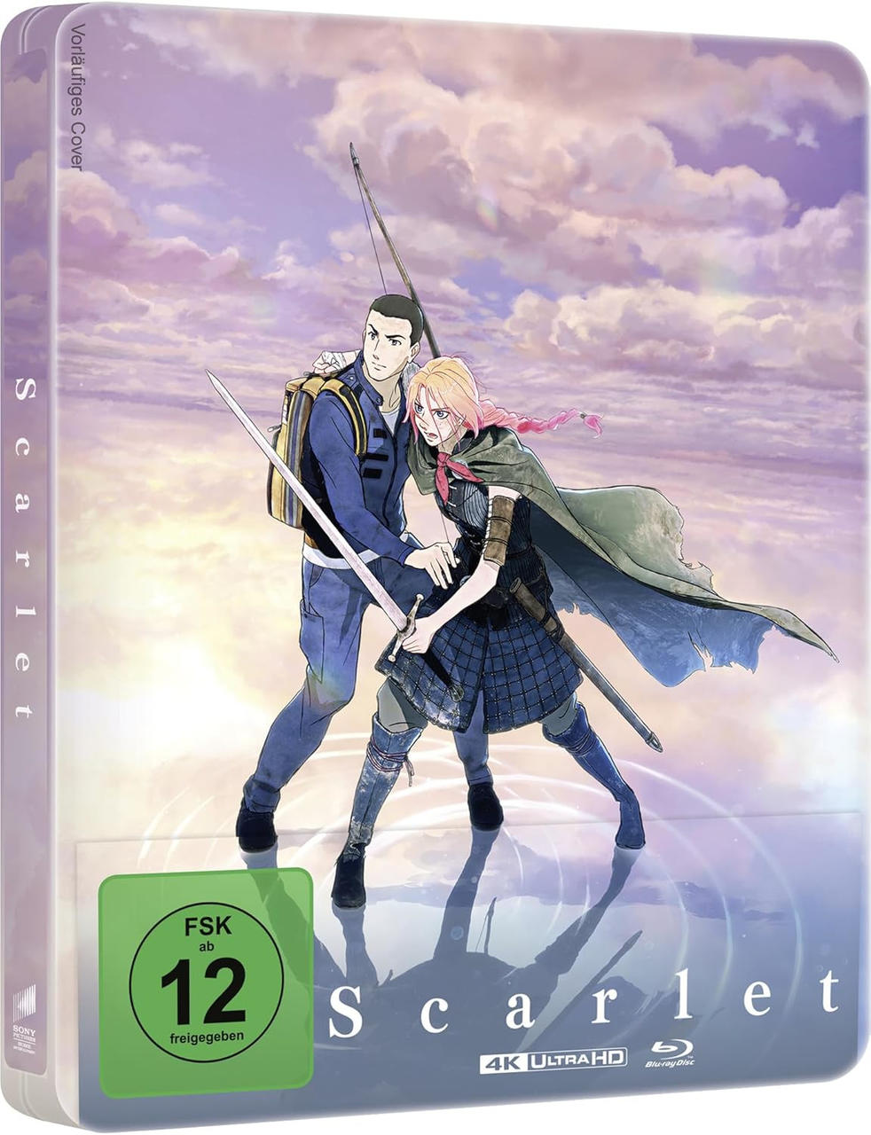Zwei Anime-Figuren, ein Mann und eine Frau, mit Schwertern vor einem dramatischen Himmel.