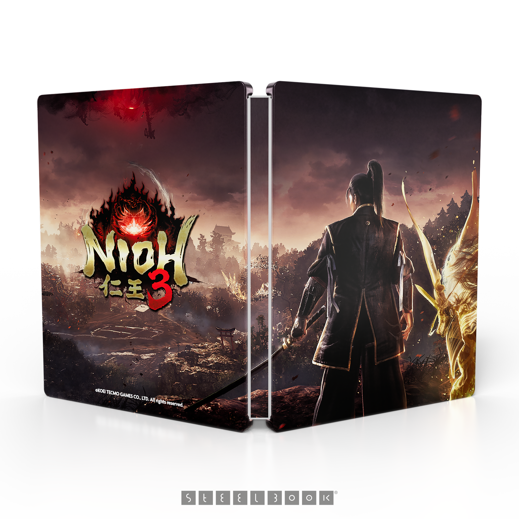 Nioh 3 Steelbook, fantezi tarzında bir savaşçı ve ejderha.