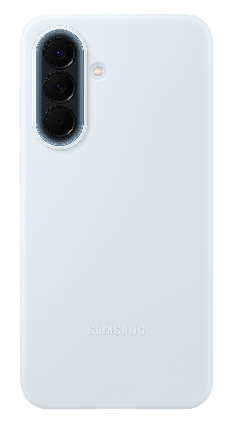 Tył jasnoniebieskiego smartfona Samsung z trzema aparatami i lampą błyskową.