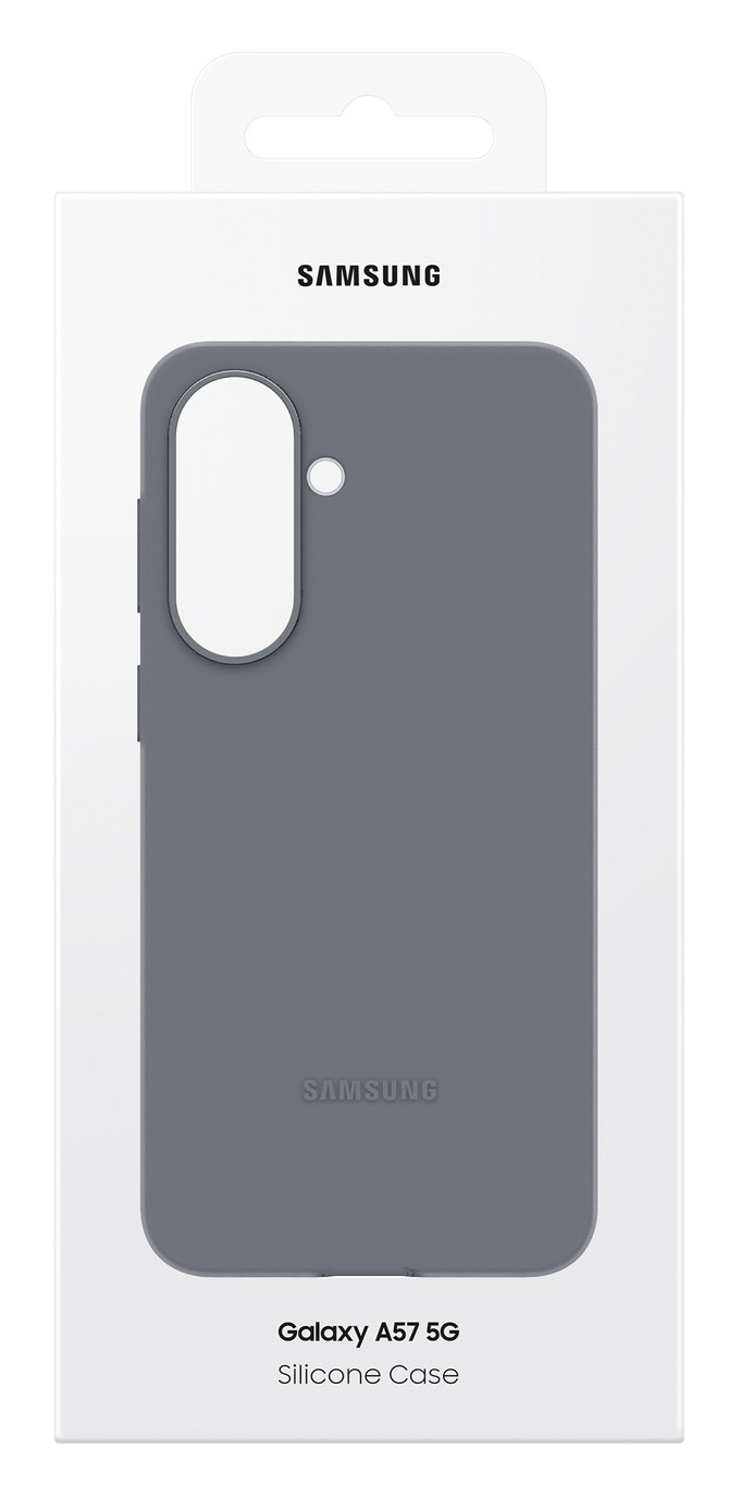 Szare etui silikonowe do Samsung Galaxy A57 5G w opakowaniu.