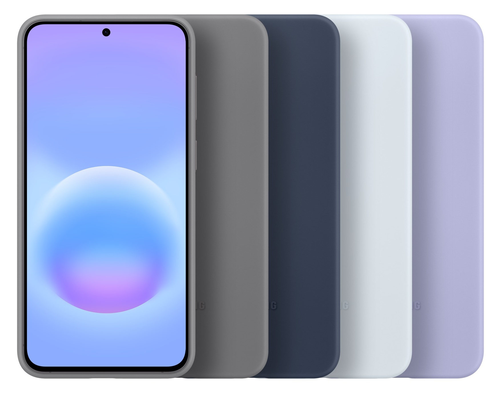 Smartfon z szarą obudową, obok cztery etui w kolorze szarym, granatowym, jasnoniebieskim i fioletowym.