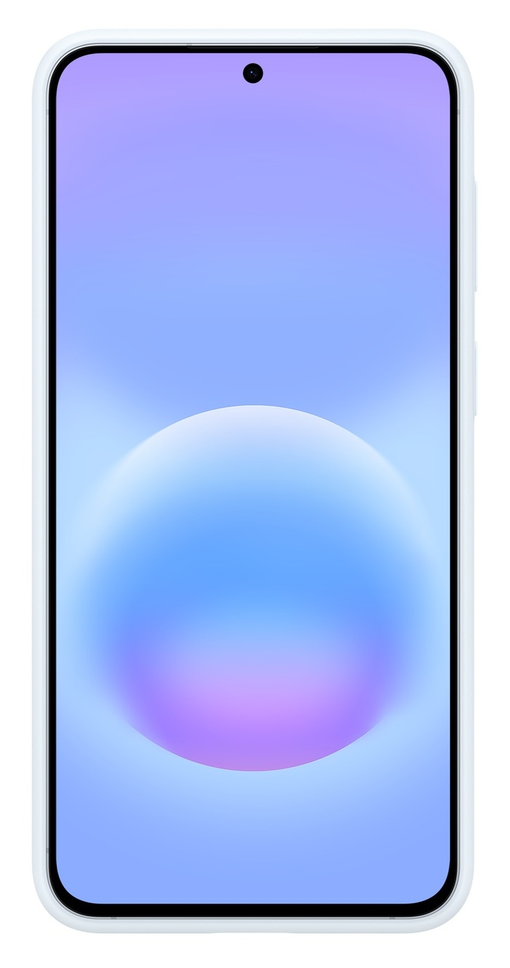 Jasnoniebieski smartfon z fioletowo-niebieską tapetą.