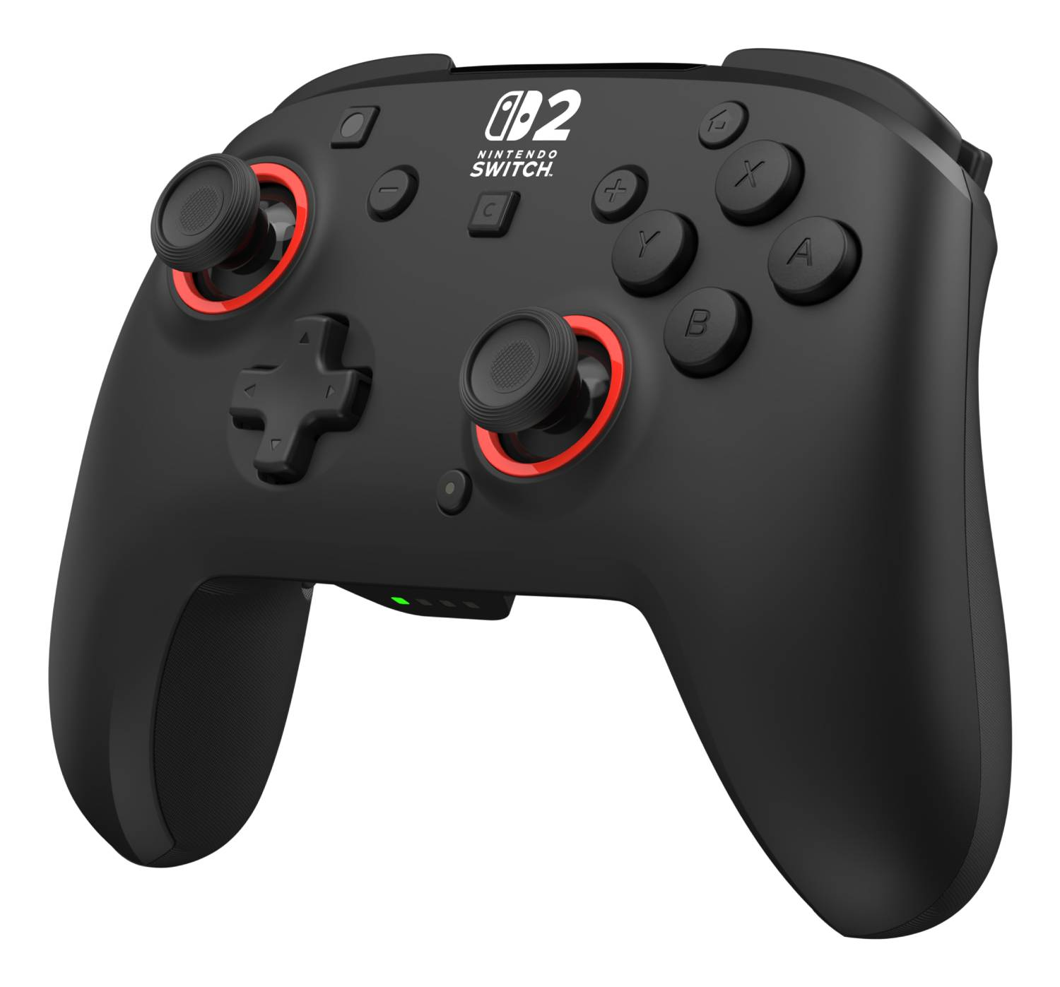 Mando negro de Nintendo Switch con detalles y botones rojos.