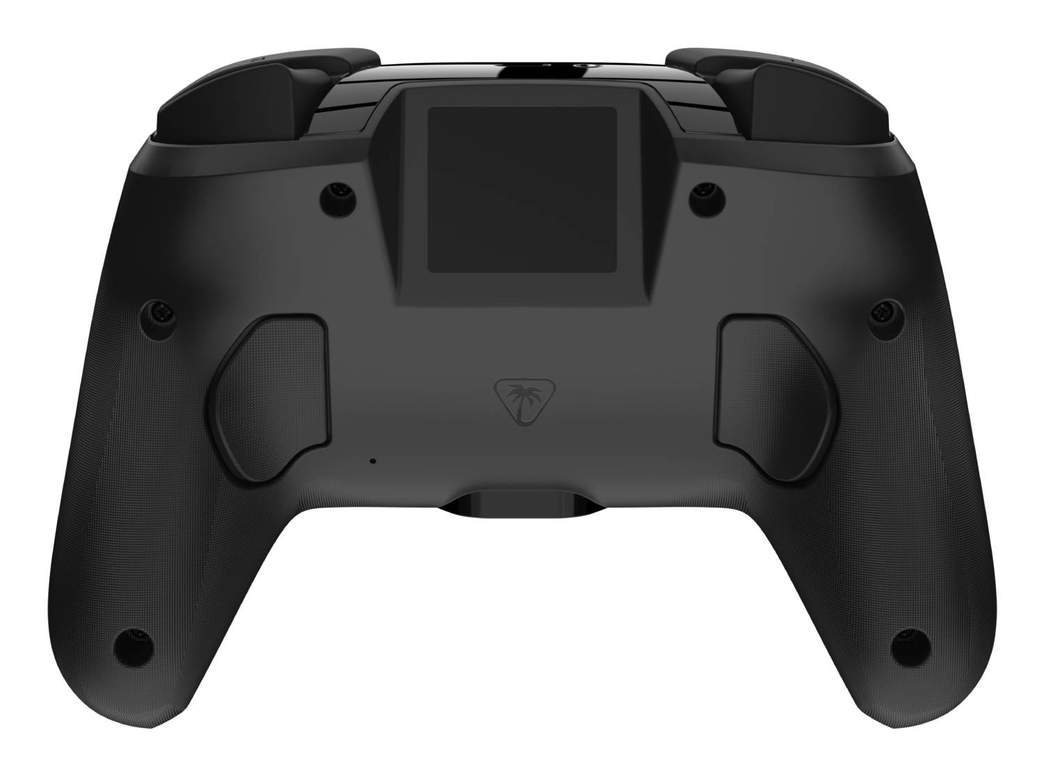 Parte posterior de un controlador negro con una pantalla pequeña y un logo.