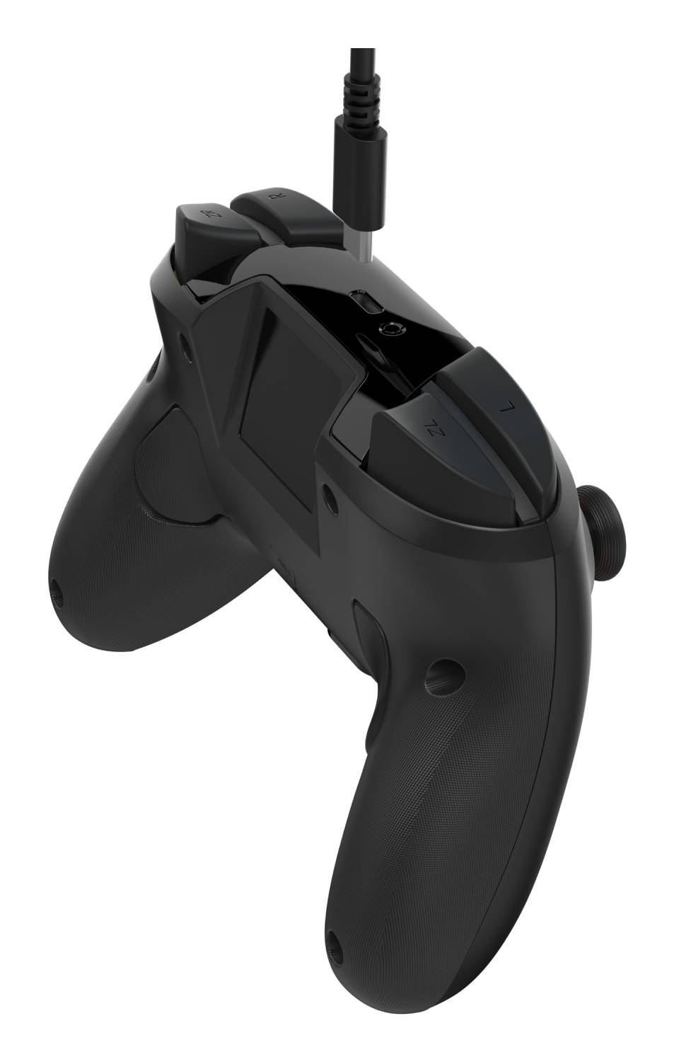 Un mando de juego negro con cable USB-C conectado, sobre fondo blanco.