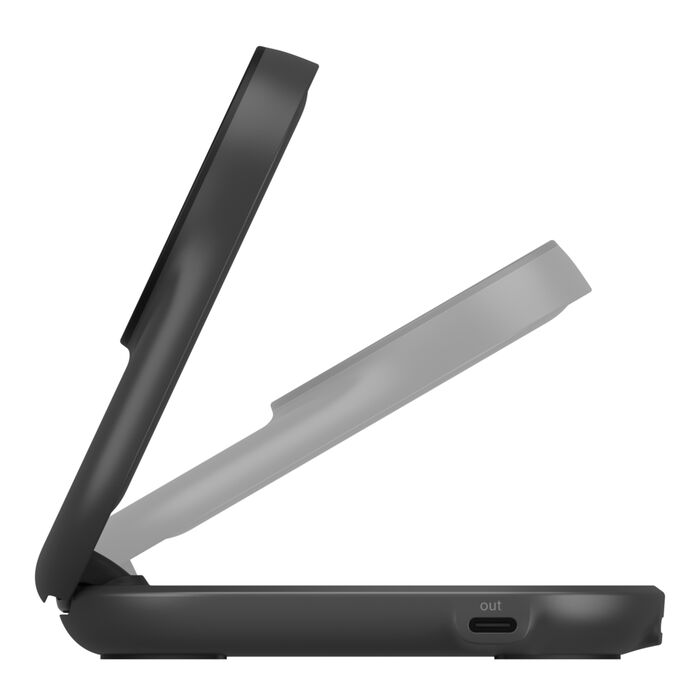 Un estuche plegable negro que se abre para revelar un estuche gris en el interior.