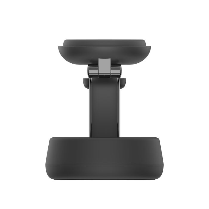 Un soporte para teléfono negro y ajustable con detalles de bisagra.