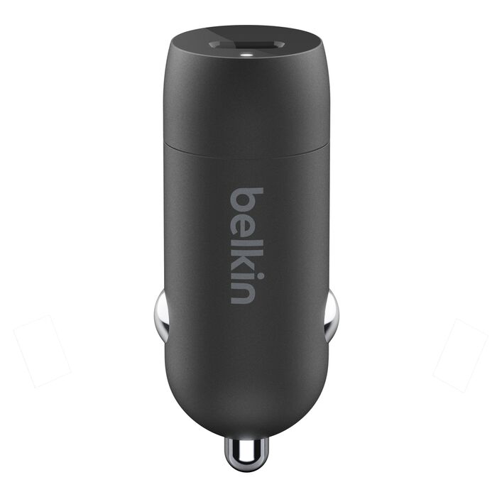 Adaptador USB para coche Belkin gris oscuro con puerto superior y detalles plateados.