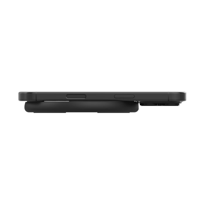 Un smartphone negro con batería externa acoplada, vista lateral.