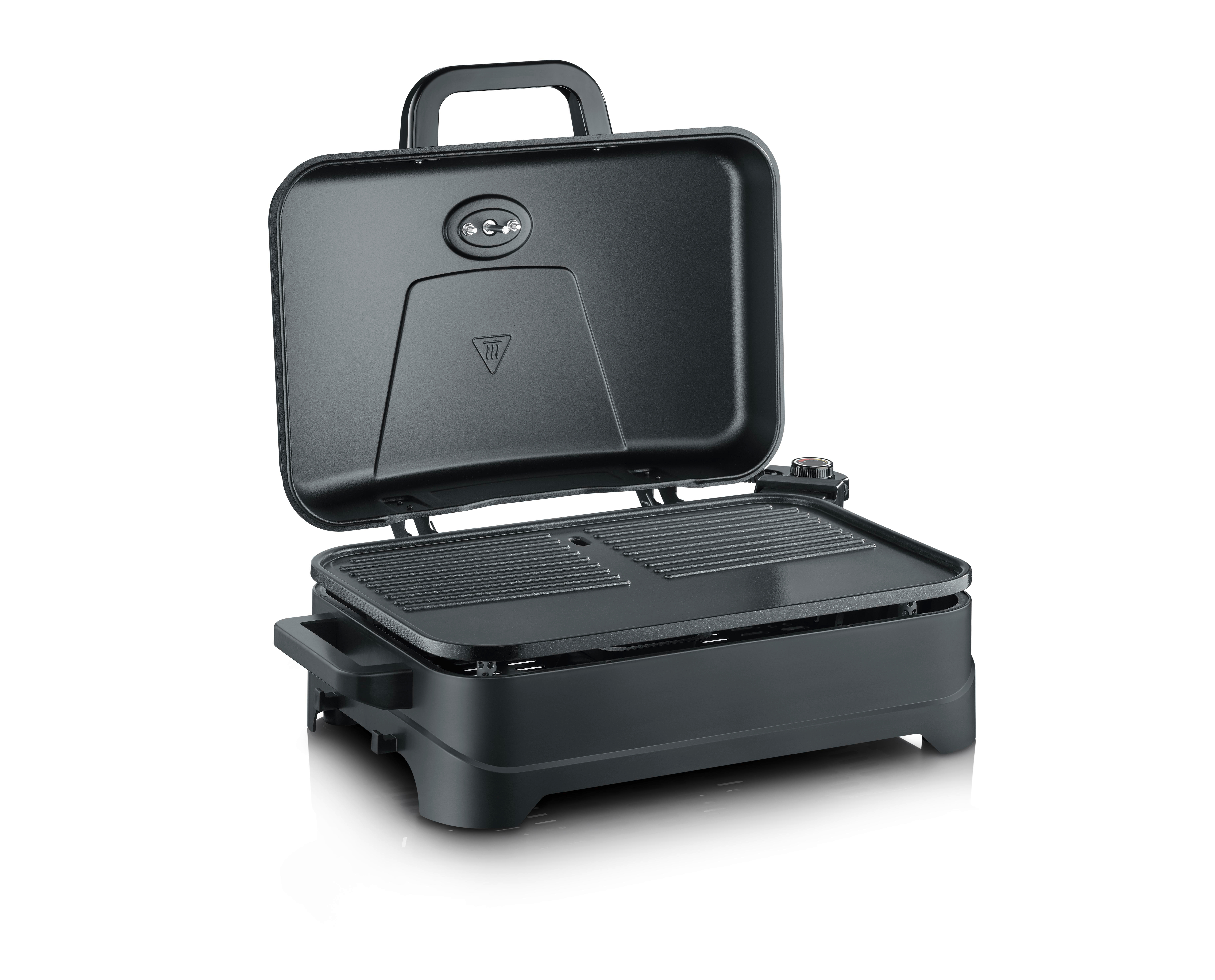 Ein offener, schwarzer Elektrogrill mit Grillplatte und Deckel.