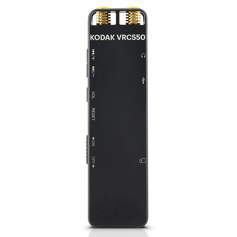 Egy fekete KODAK VRC550 hangrögzítő arany mikrofonokkal és kezelőszervekkel.