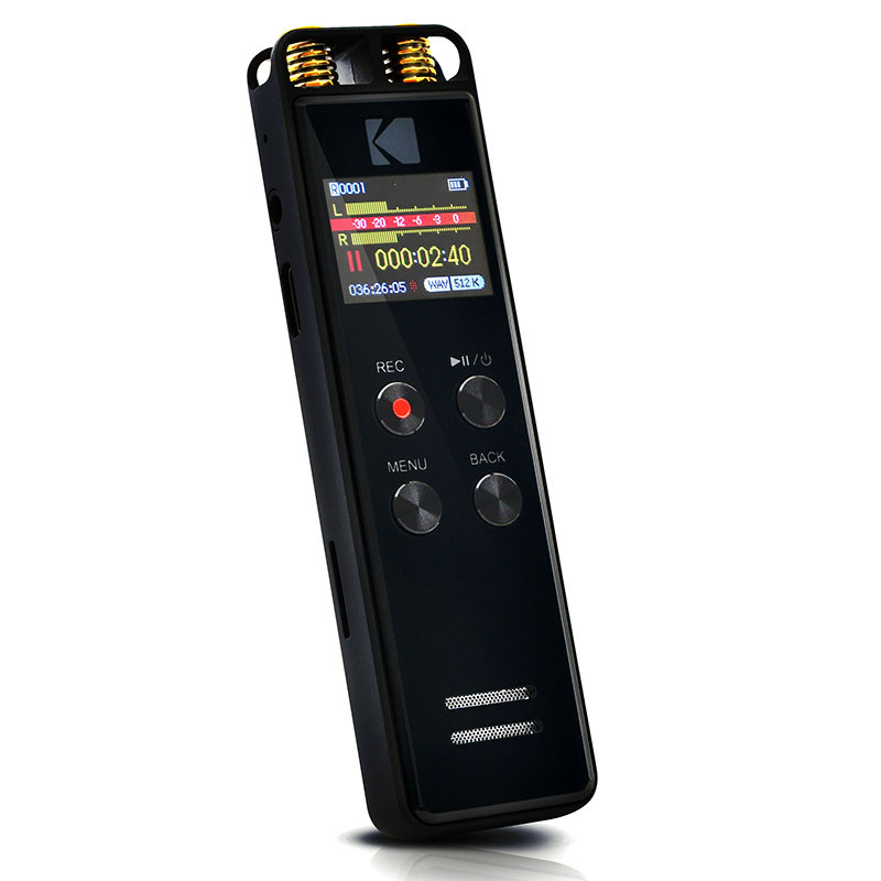 Fekete hordozható felvevő képernyővel, mikrofonokkal és vezérlőgombokkal.