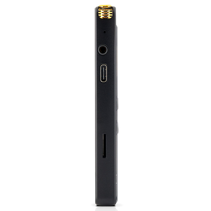Fekete felvevő arany mikrofonnal és USB-C porttal.