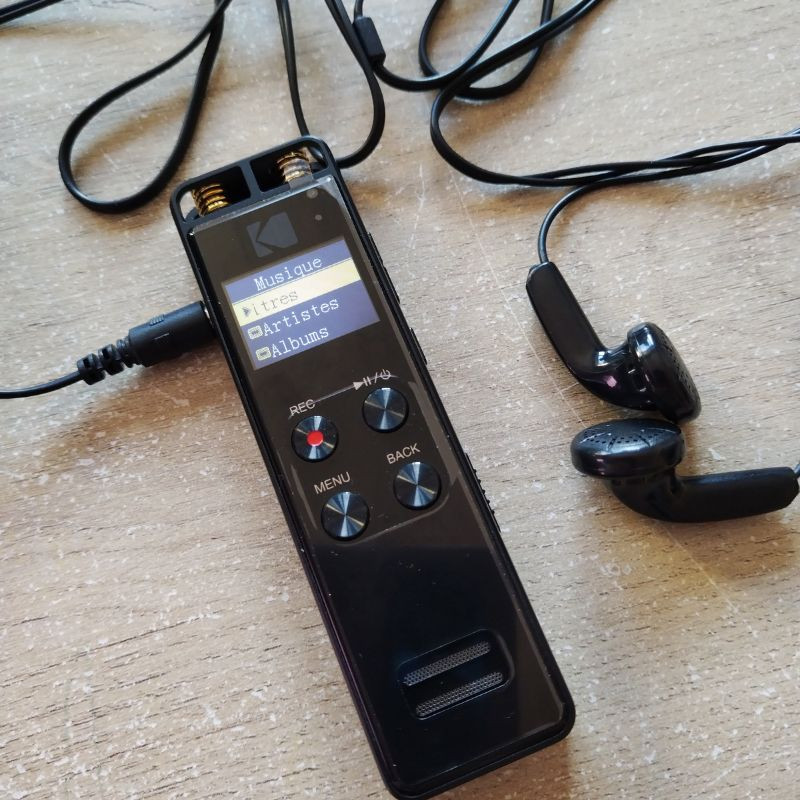 Egy fekete digitális hangrögzítő fülhallgatóval és kábellel, fán.