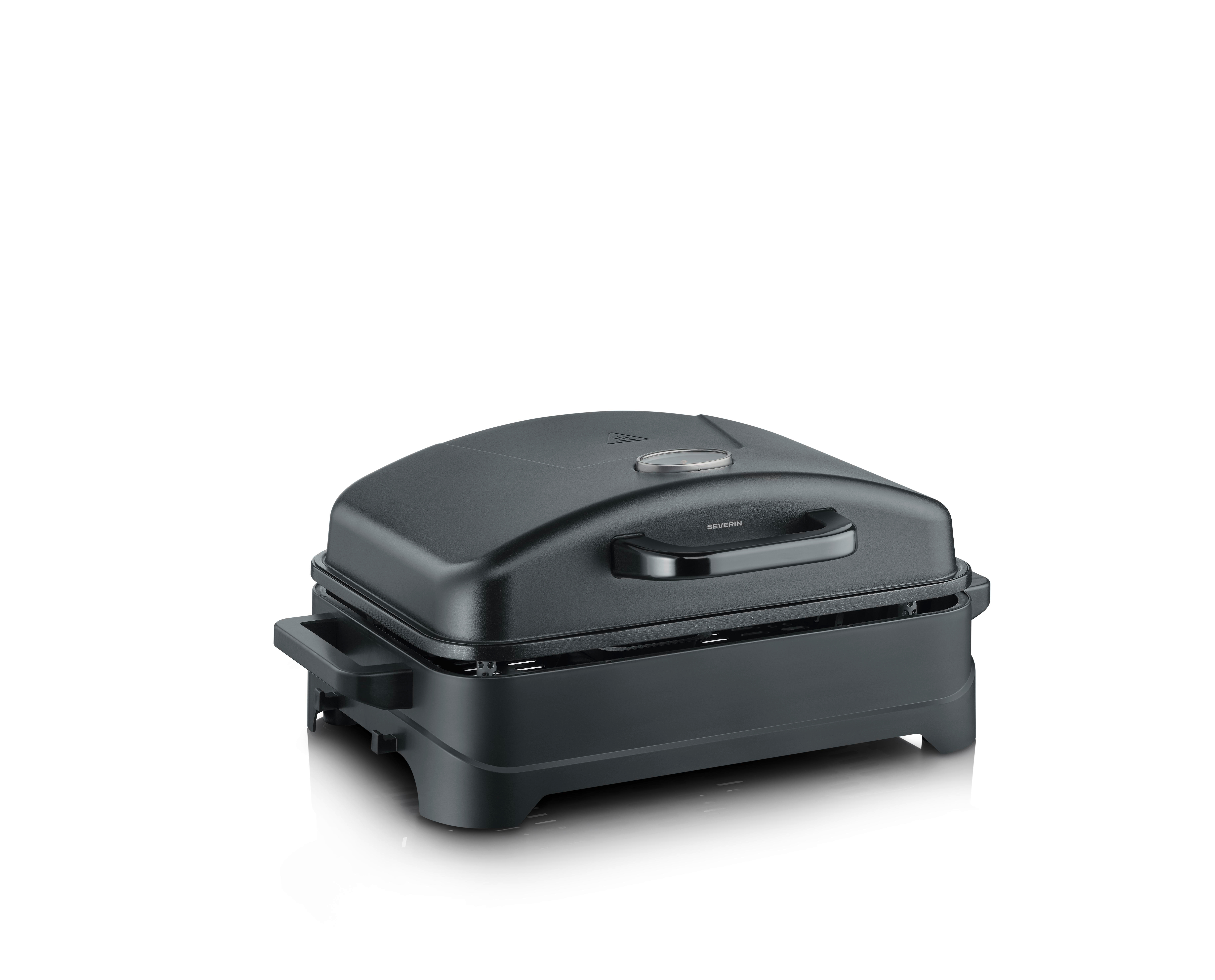 Ein geschlossener, schwarzer Elektrogrill mit Griff und Temperaturanzeige.