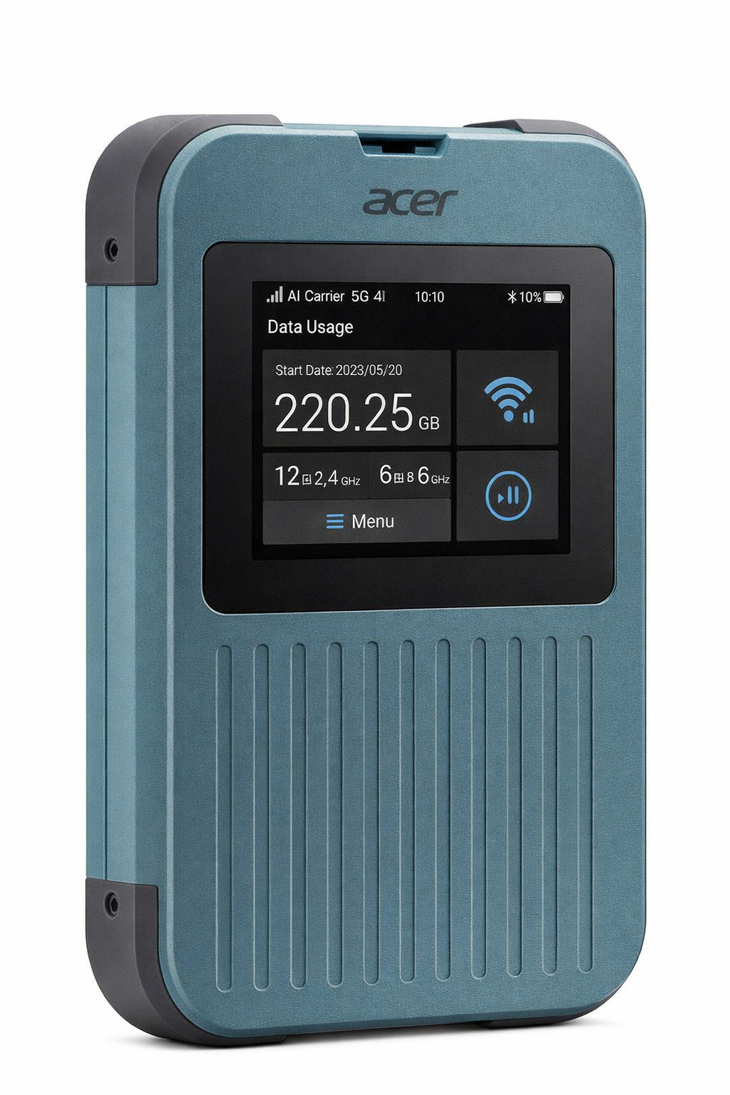 Punto de acceso móvil Acer 5G azul con pantalla que muestra 220,25 GB de uso de datos.