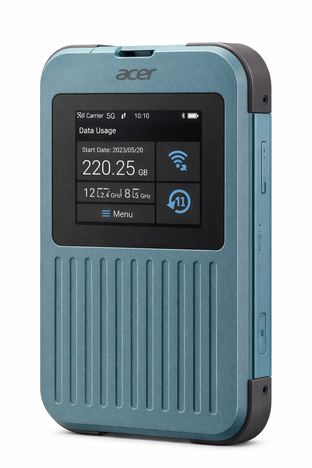Un hotspot Acer 5G azul con pantalla que muestra 220,25 GB de uso de datos.