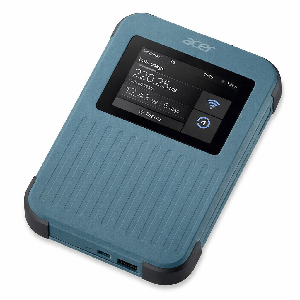 Un hotspot móvil Acer azul con pantalla que muestra información de uso de datos.