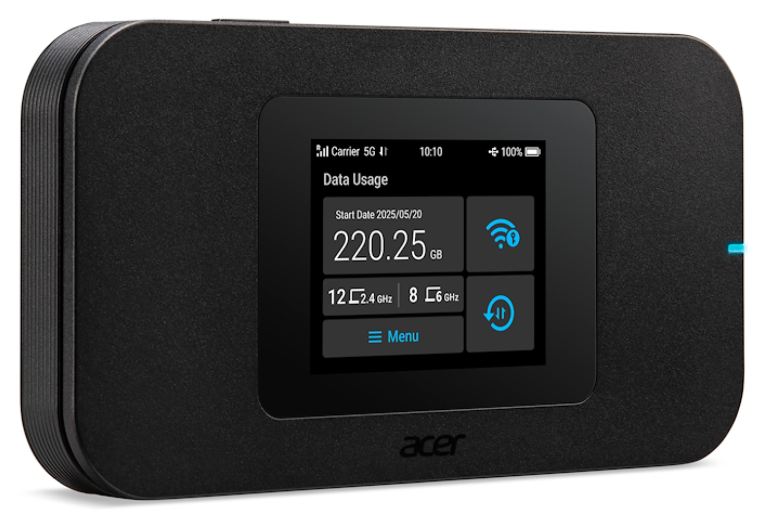 Punto de acceso móvil negro con logo de Acer y pantalla de uso de datos.