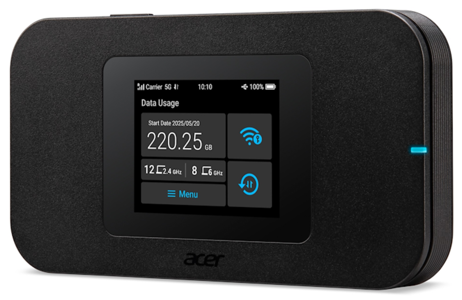 Un dispositivo hotspot WiFi móvil negro que muestra el uso de datos en su pantalla.