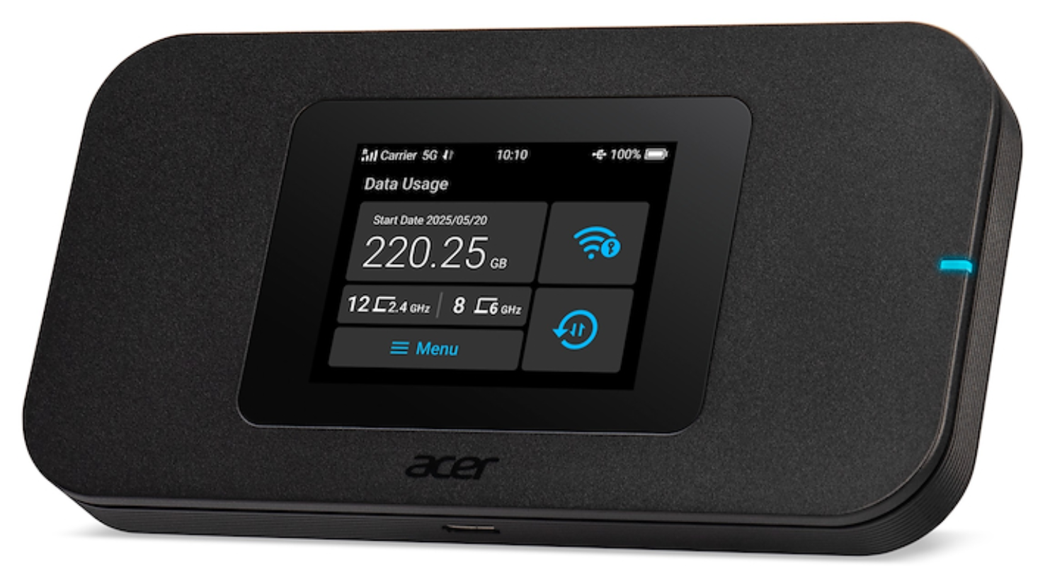 Punto de acceso WiFi 5G portátil Acer negro que muestra 220,25 GB de uso de datos.