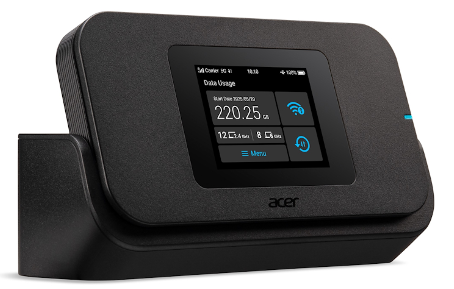 Router Acer 5G negro en soporte, pantalla muestra uso de datos.