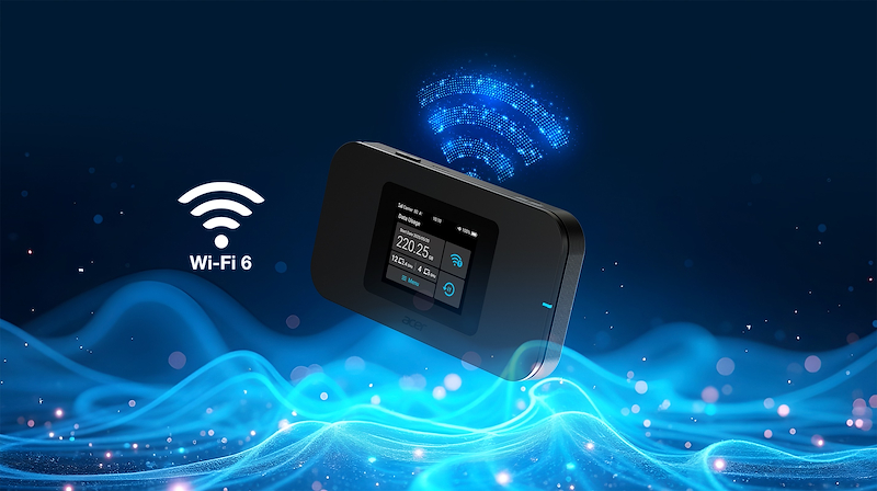 Un hotspot Wi-Fi 6 negro sobre fondo azul con destellos.