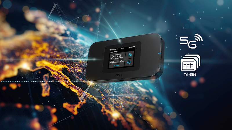 Un router 5G Tri-SIM negro flota ante una Tierra estilizada con líneas de red.