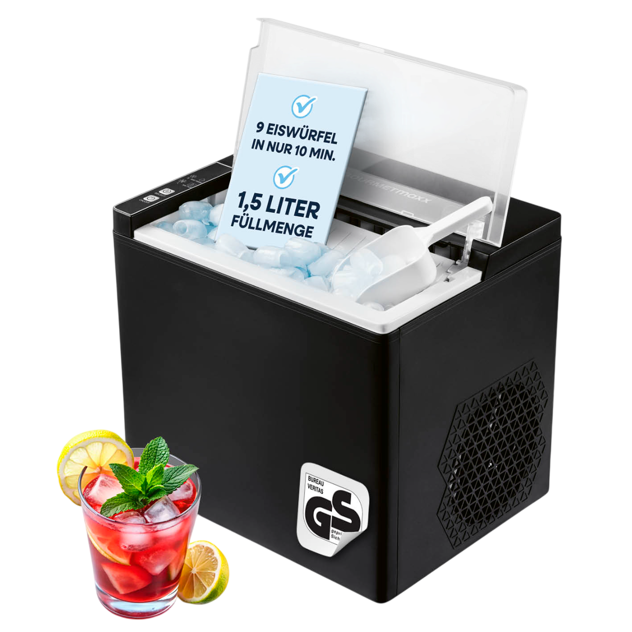 Schwarzer Eiswürfelbereiter mit gefülltem Eisbehälter und Eisschaufel. daneben ein Glas mit rotem Getränk.