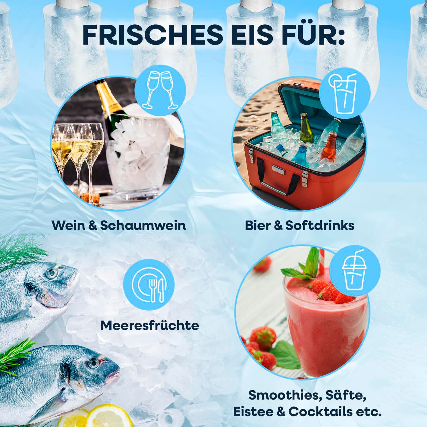 Frisches Eis für Wein, Bier, Meeresfrüchte und Smoothies.