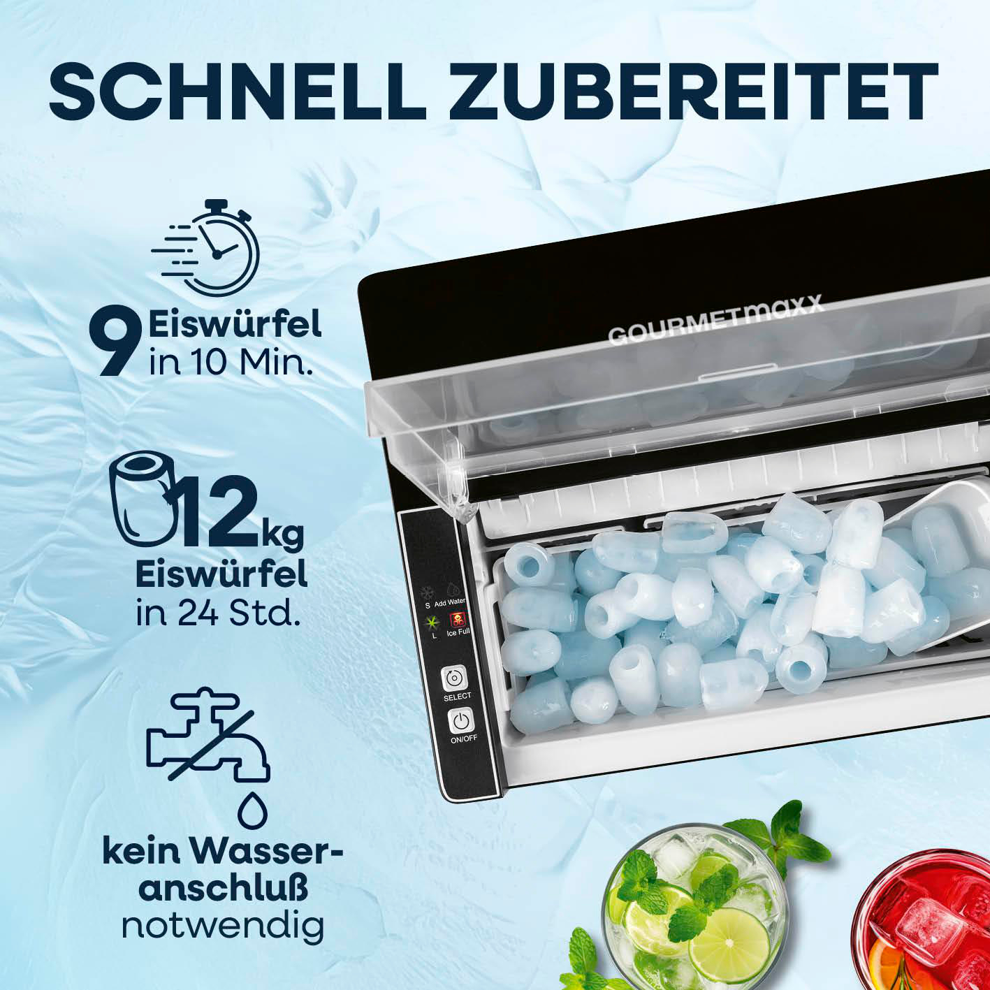 Eismaschine mit 9 Eiswürfeln in 10 Min., 12kg/24Std. Keine Wasserzufuhr nötig.