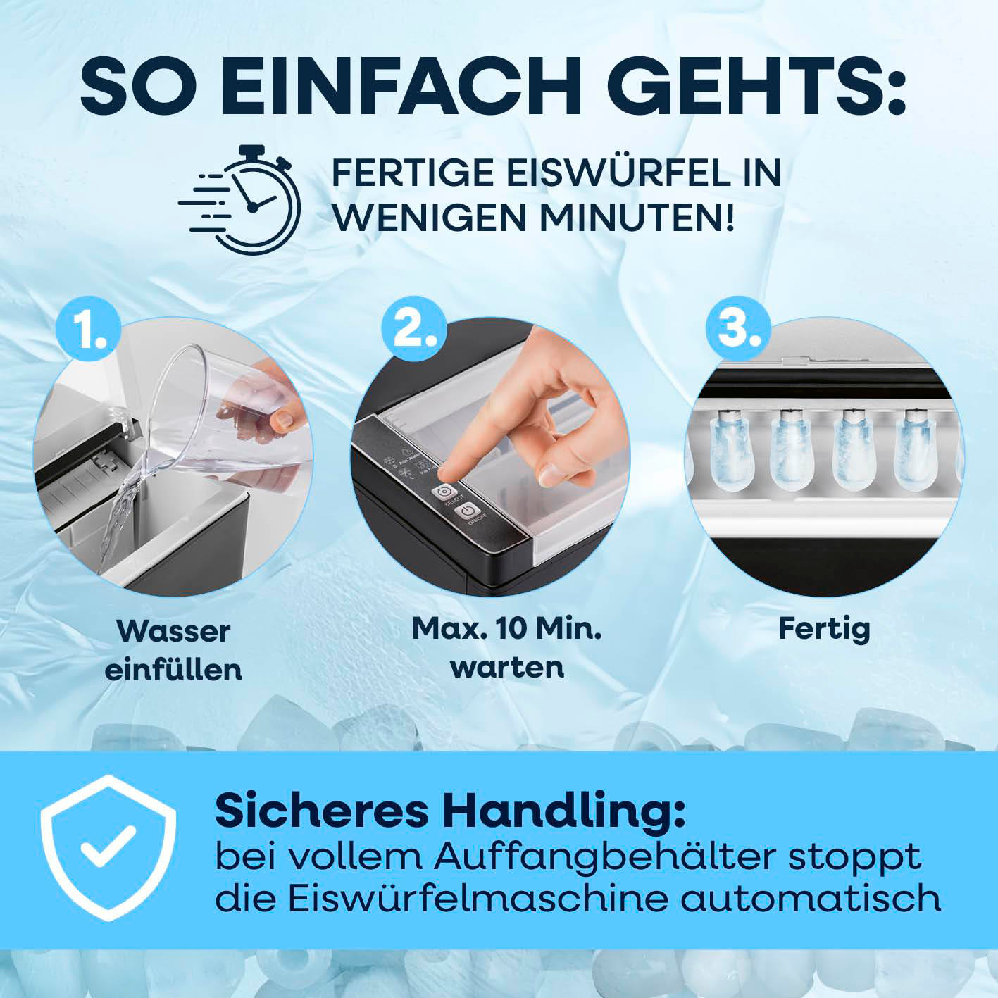 Schritt-für-Schritt-Anleitung für eine Eismaschine: Wasser einfüllen, 10 Min. warten, fertige Eiswürfel.