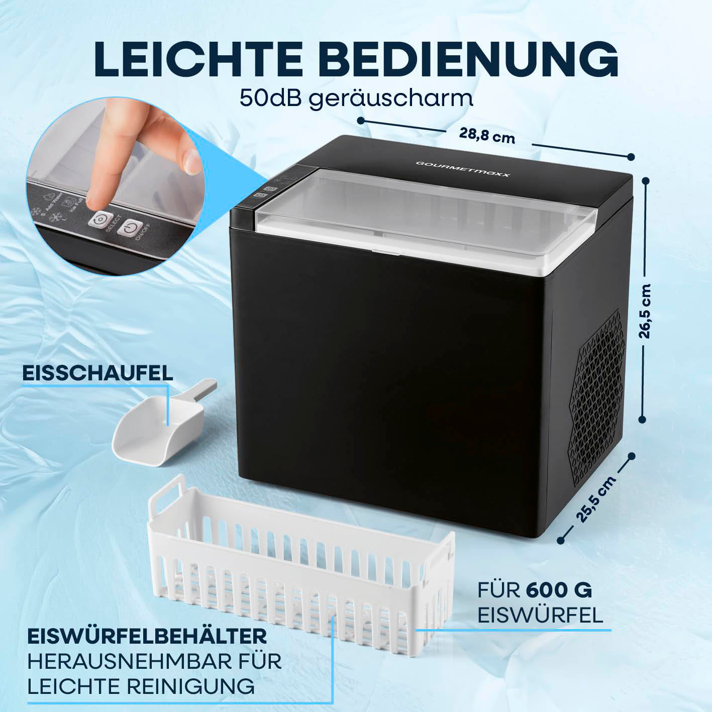 Schwarzer Eiswürfelbereiter mit Zubehör, Maße 28,8x26,5x25,5cm.