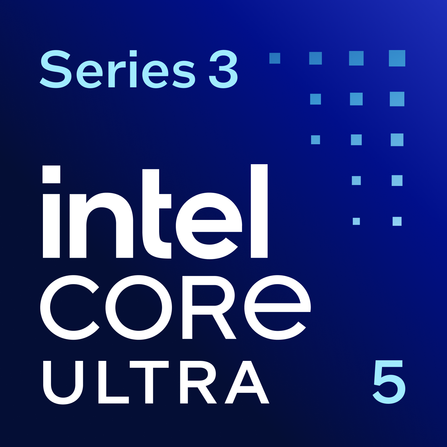 Intel Core Ultra 5, Serie 3. Blaue Quadrate im Hintergrund.