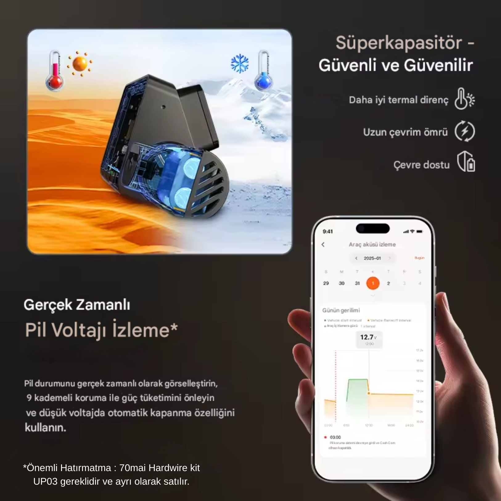 Pil voltajını gösteren bir araç süperkapasitör aksesuarı.