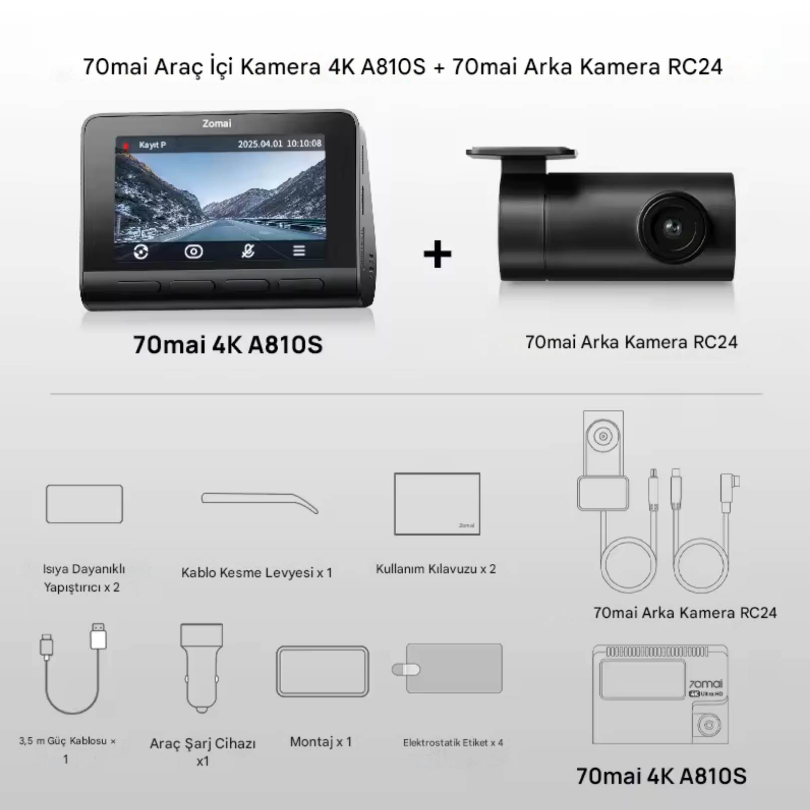 Görsel, 70mai 4K A810S araç kamerasini ve 70mai RC24 arka kamerayi aksesuarlarla gösterir.