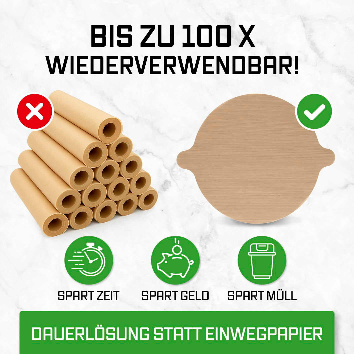Rollen von Papier auf der linken, Scheibe rechts. Icons für Zeit, Geld, Müll.