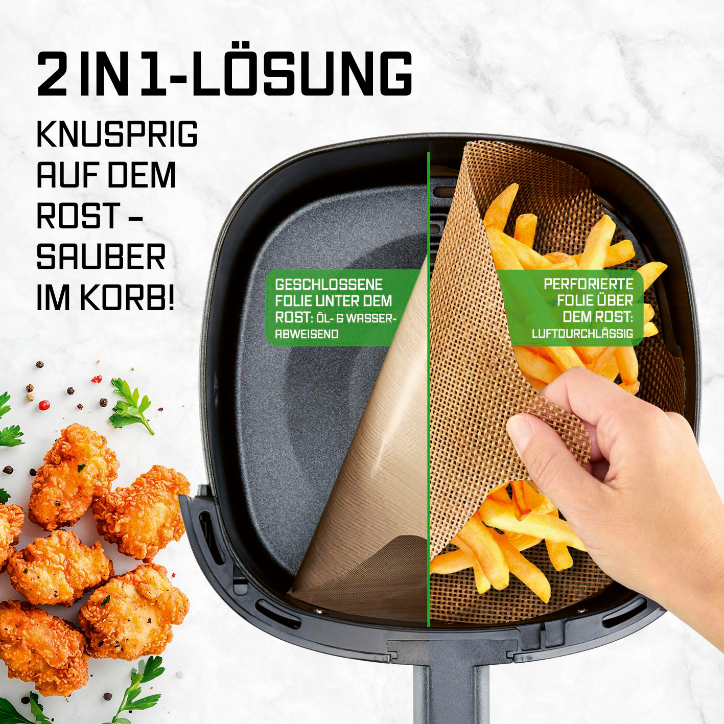 Airfryer mit zwei Folien: eine geschlossene und eine perforierte.
