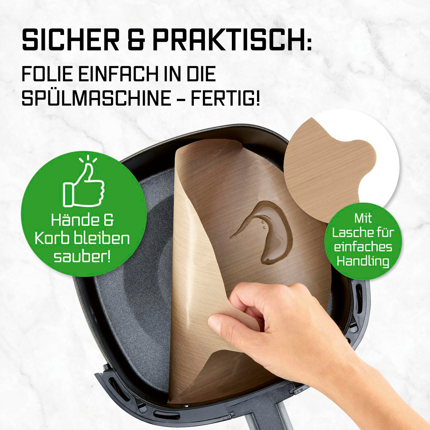 Eine Hand hält eine Backfolie mit Öl in einem schwarzen Airfryer-Korb. Text über Sicherheit.