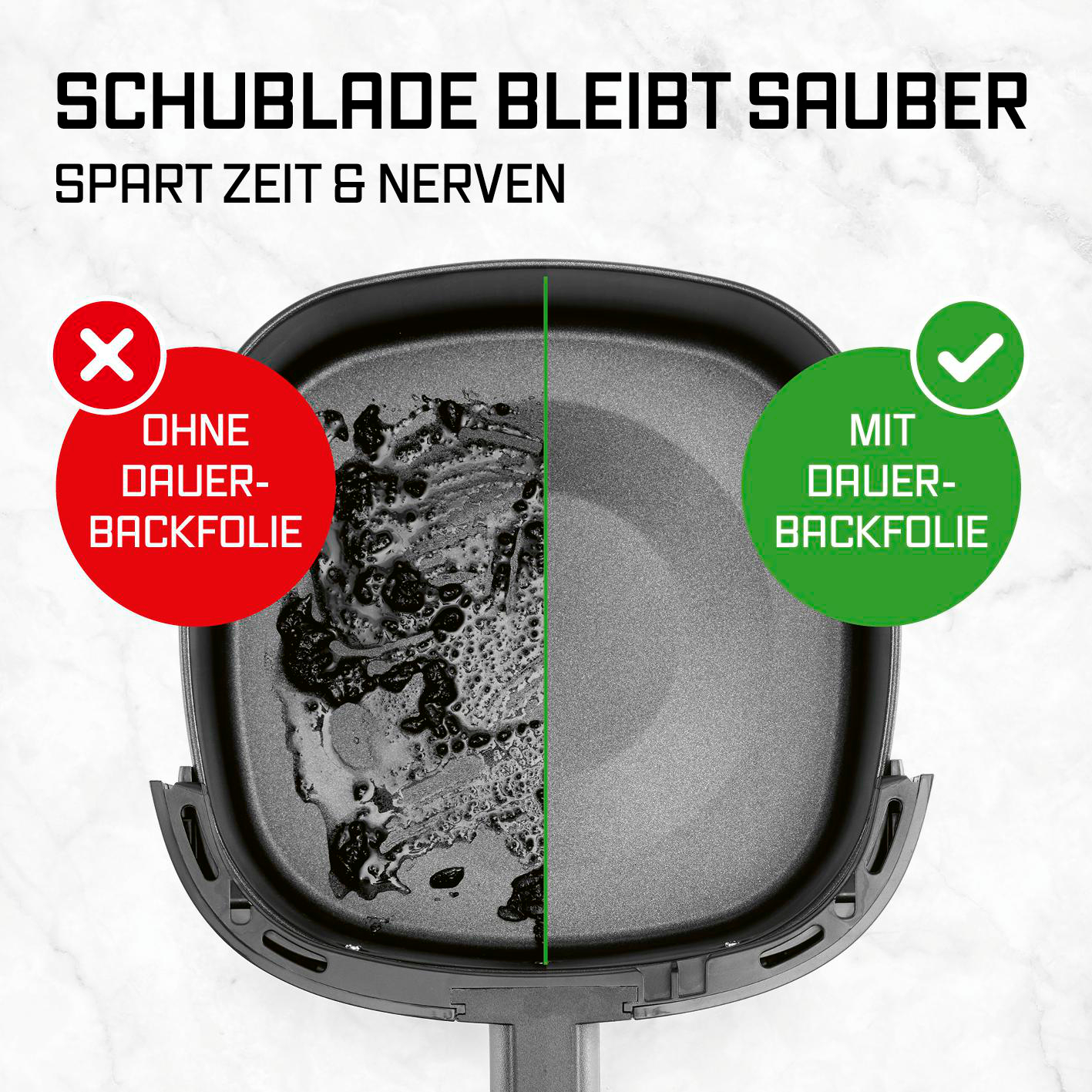 Luftfritteuse-Schublade: Links schmutzig ohne Backfolie, rechts sauber mit Backfolie.