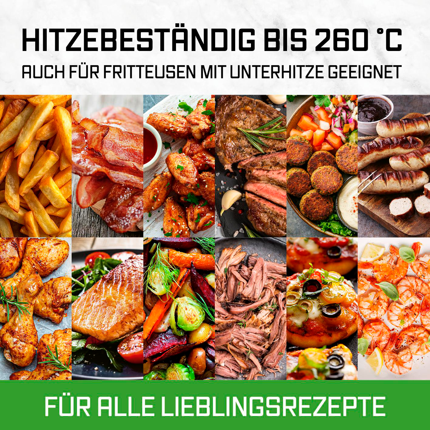 Collage aus Speisen: Pommes, Speck, Hähnchen, Fisch, Braten, Würstchen, Mini-Pizzen, Garnelen.