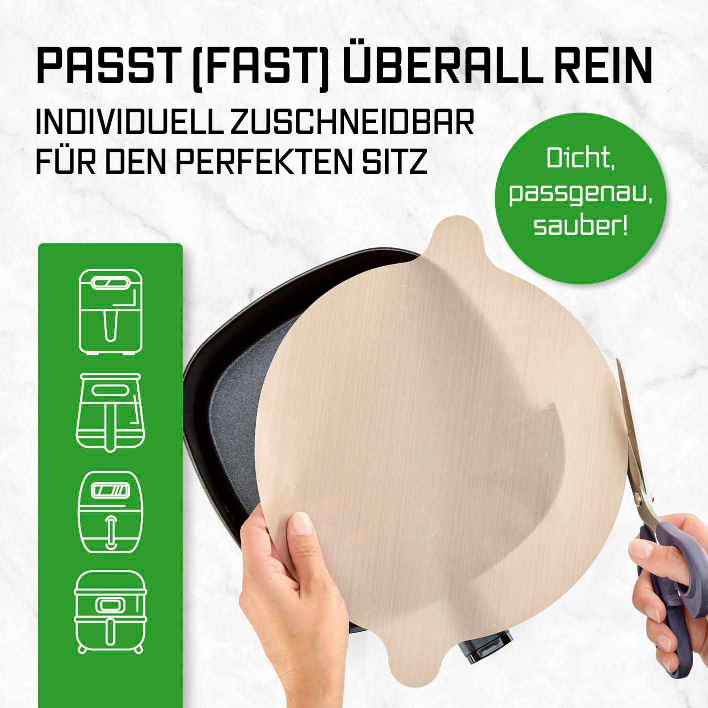 Eine Hand schneidet eine runde Matte für eine Heißluftfritteuse, um sie anzupassen.