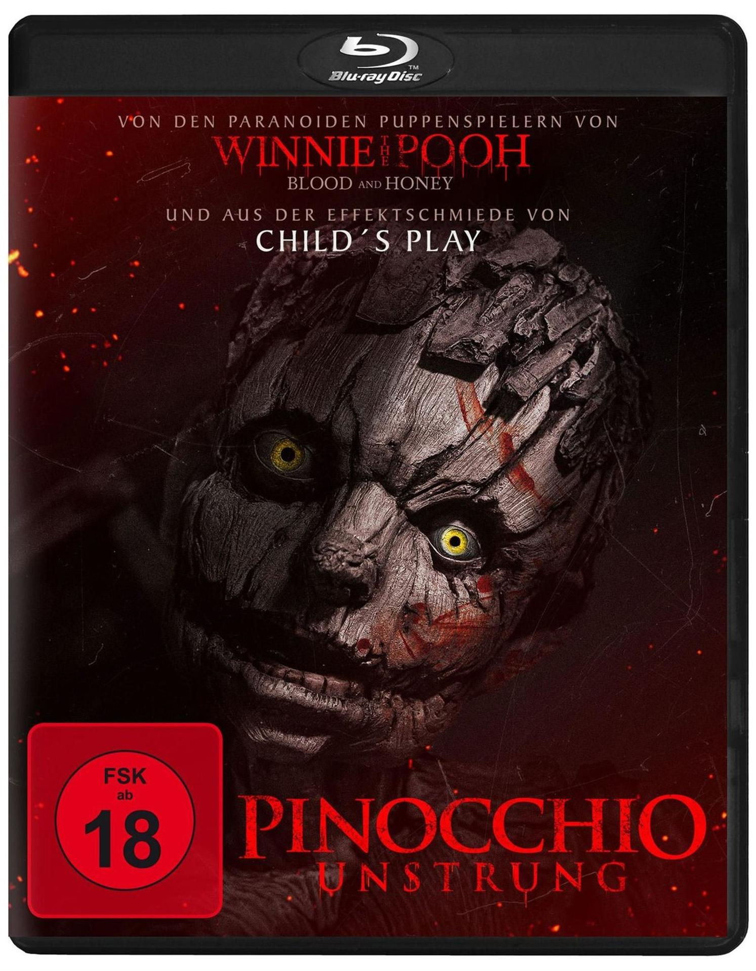 Blu-ray-Cover für Pinocchio Unstrung. Zeigt eine gruselige Pinocchio-Maske mit gelben Augen, Blut und Text.