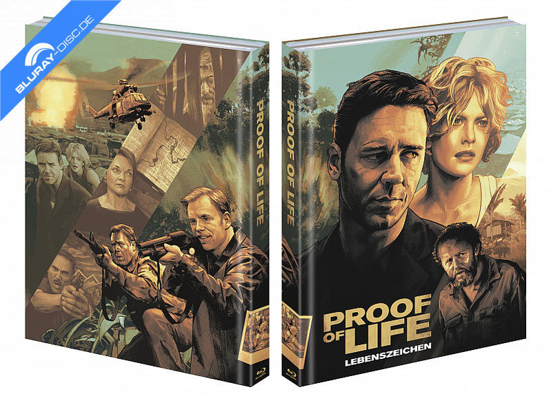 Blu-ray-Cover mit Filmplakat-Illustrationen von 'Proof of Life'.