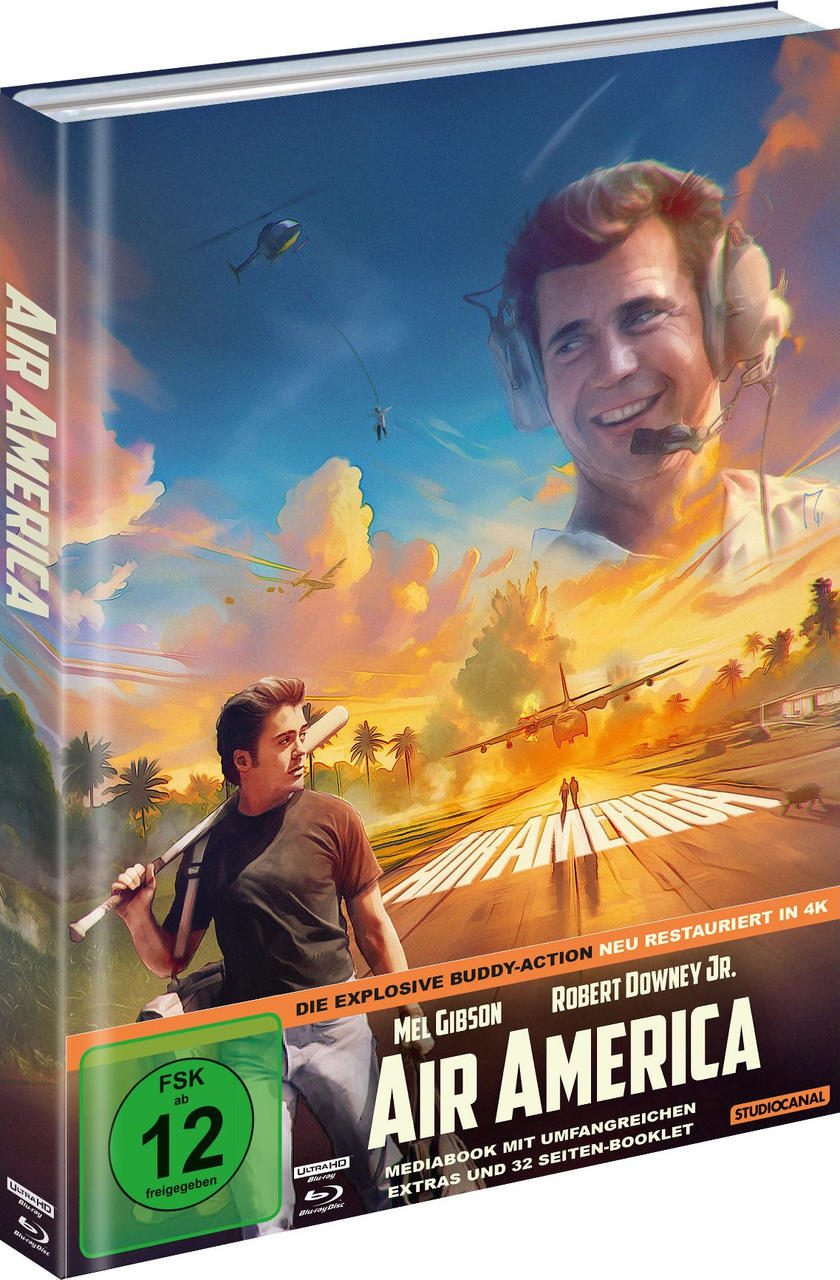 Filmcover: Mann mit Baseballschläger, Flugzeuge, Hubschrauber, Sonnenuntergang.