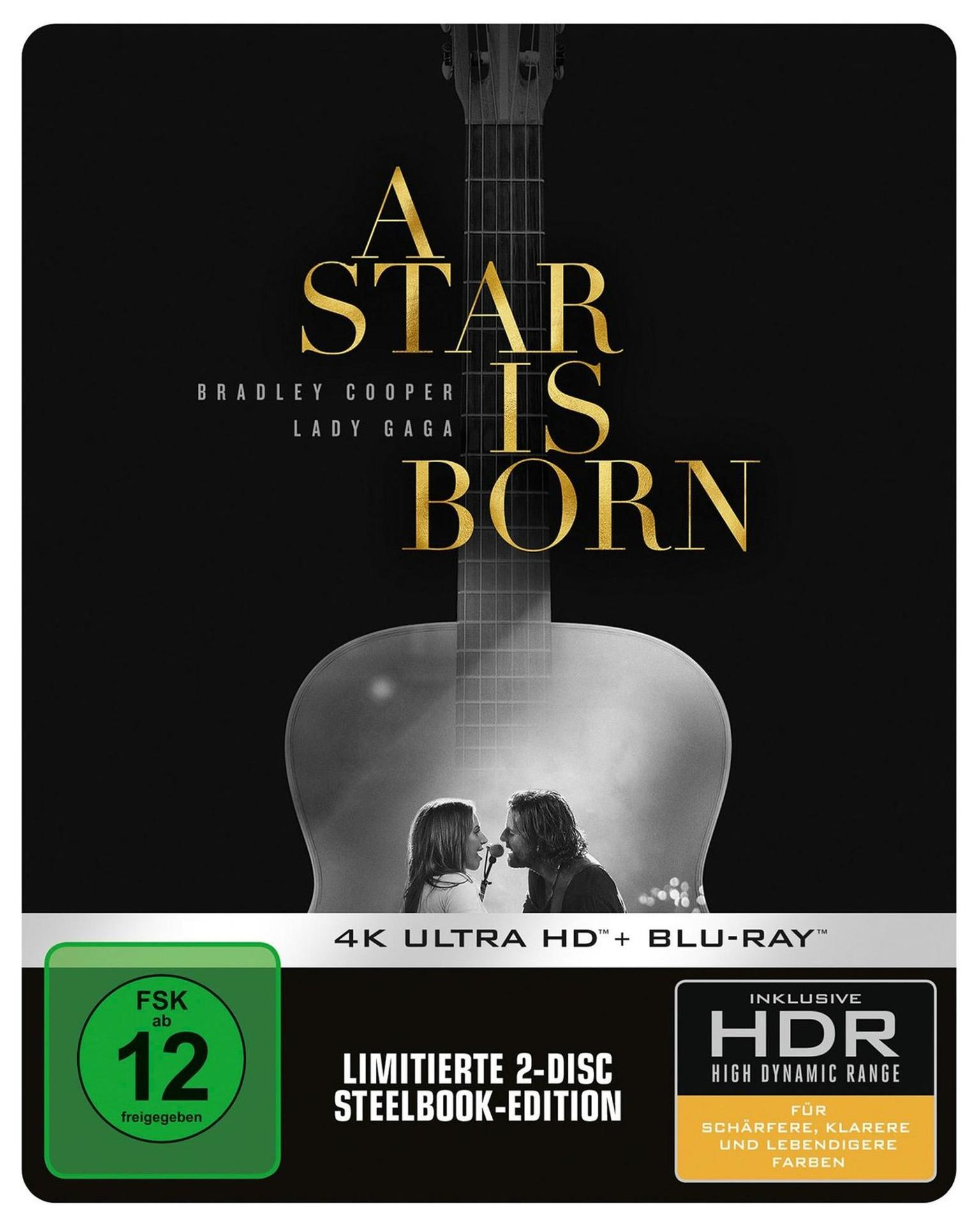Filmcover von A Star Is Born mit Gitarre, Sängern und FSK 12 Logo.