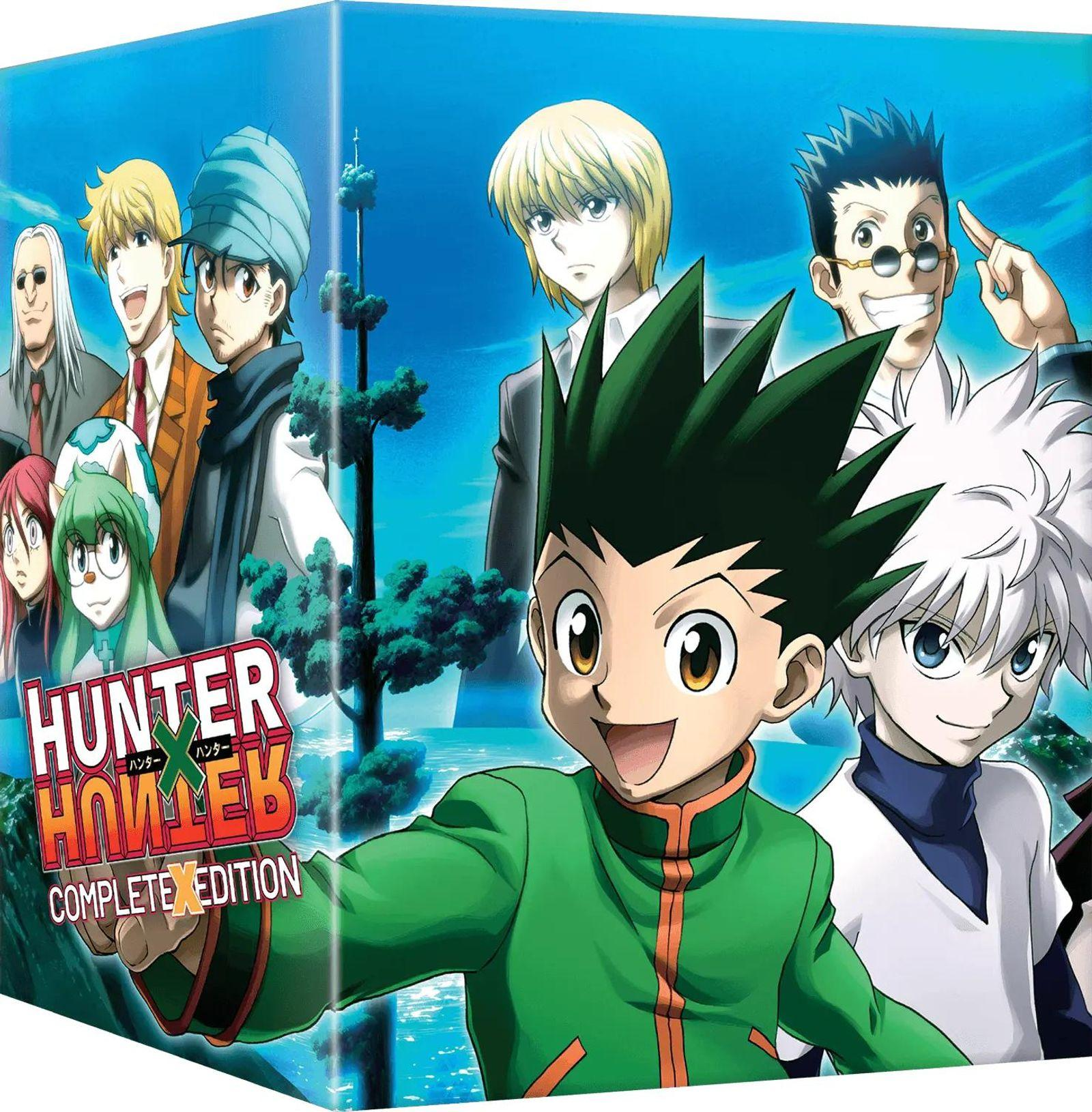 Anime-Charaktere posieren vor blauem Himmel und Meer; "Hunter x Hunter" steht prominent.