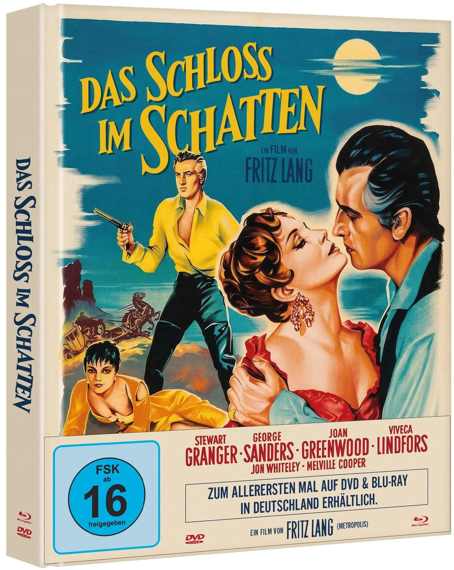 Filmplakat: Mann mit Waffe, Paar küsst sich, Frau kauert, Kutsche, Fritz Lang.