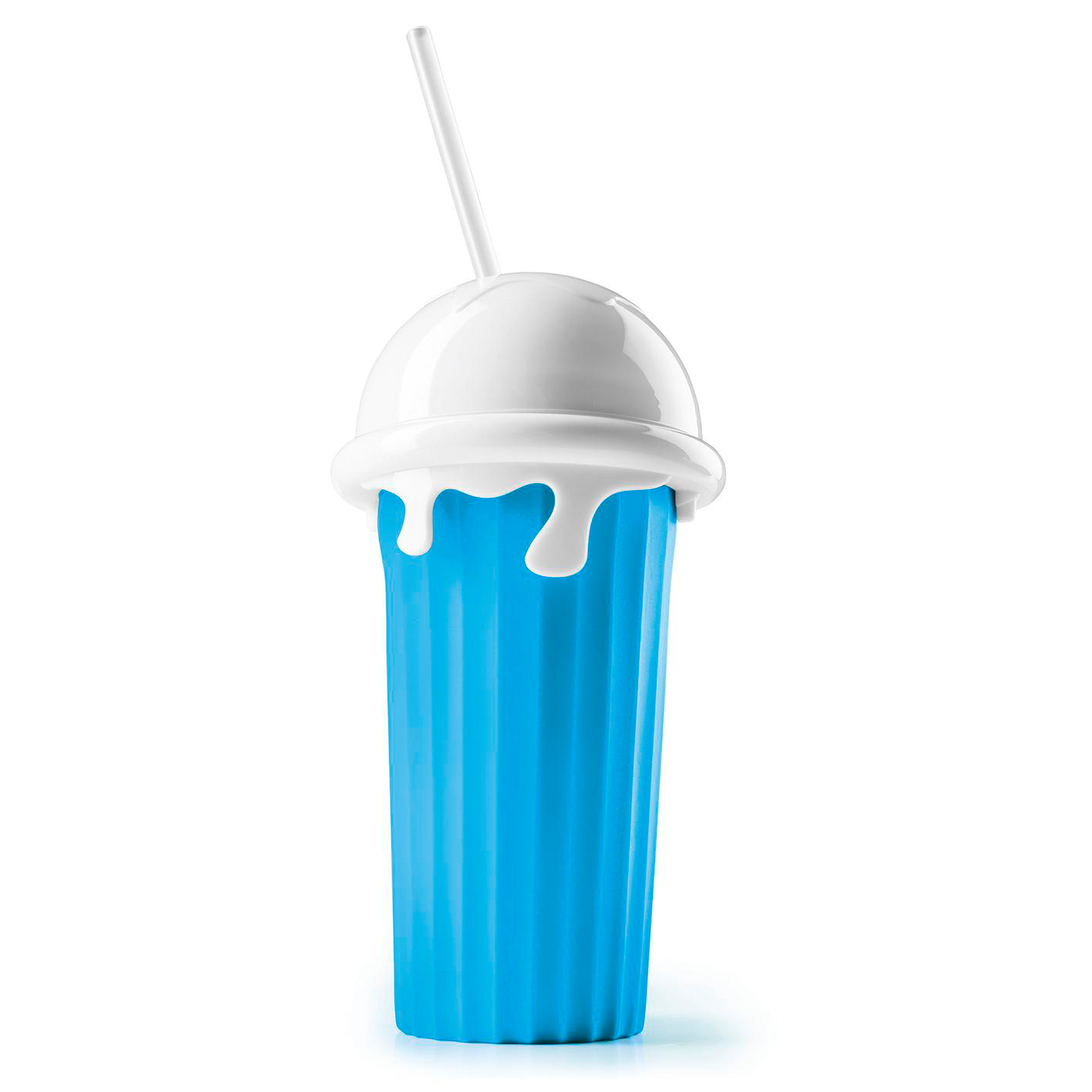 Ein blauer Becher mit weißem Deckel und Strohhalm, weiße Flüssigkeit tropft herab.